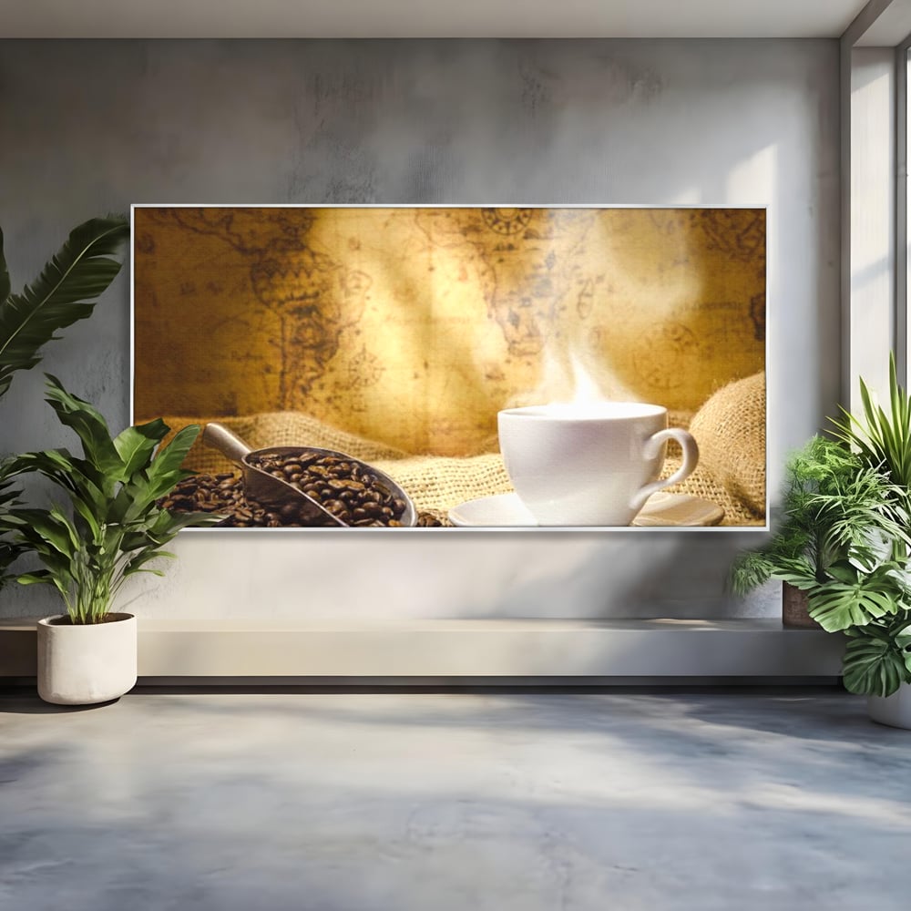 Tablou canvas cu ceasca de cafea cu boabe pe sac de iuta, in rama de aluminiu argintiu
